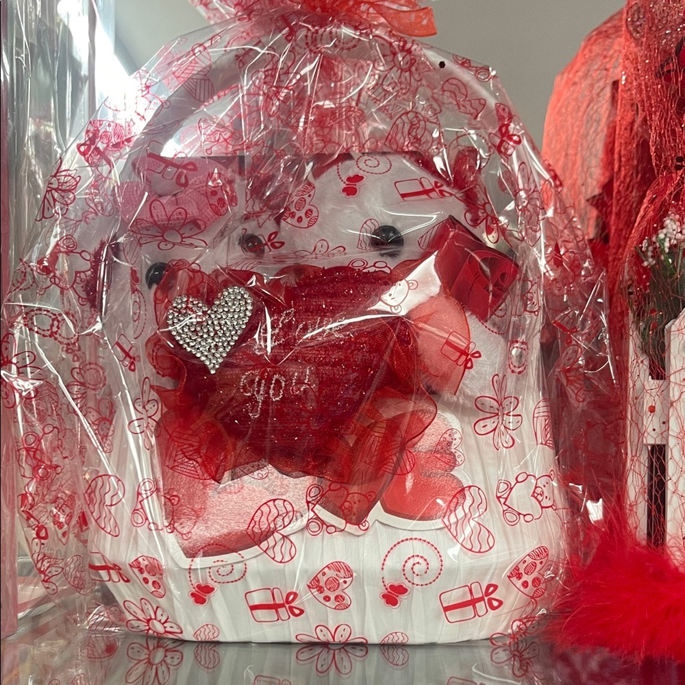Red and White Gift Bag with Heart and Floral Design
